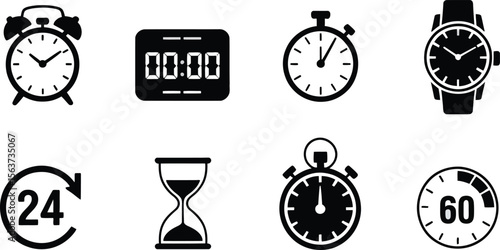 Black and White Time Icons Featuring Alarm Clock, Digital Clock, Hourglass isolated on transparent background