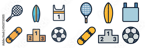 Icons representing various sports equipment and activities including tennis, surfing, skateboarding, and soccer in a colorful design