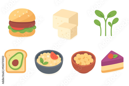 Colorful collection of various food items including burger, tofu, salad, and dessert on a white background