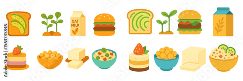 Delicious plant-based food variety including burgers, desserts, and snacks suitable for all ages