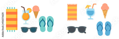 Summer beach essentials include drinks, towels, and flip-flops for a perfect sunny day