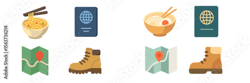Various travel and adventure icons representing exploration, cuisine, and equipment in a colorful illustration format