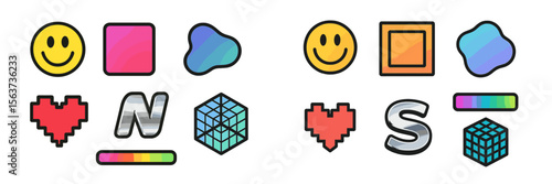 Colorful abstract shapes and symbols arranged in a creative style on a simplistic background