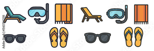 Relaxing beach essentials including sunglasses, flip flops, and snorkeling gear displayed on a sunny day by the ocean shore