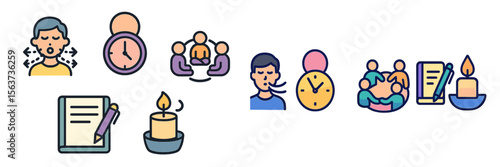 Relaxation techniques for stress relief during a busy day at the office with candles, timers, and teamwork