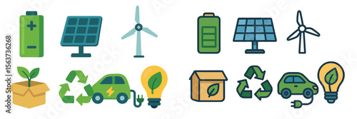 Concepts of renewable energy and sustainability showcased through icons representing solar power, wind energy, and eco-friendly practices