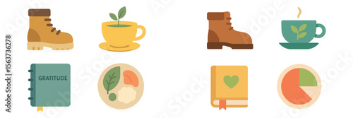 Explore outdoor activities with hiking boots, warm beverages, food, and gratitude journals for a fulfilling experience
