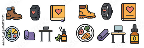 Wellness and fitness icons representing healthy living habits and activities for an active lifestyle throughout the day