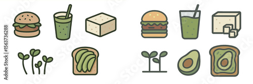 Fresh plant-based food items featuring green ingredients with smoothies, burgers, and avocado dishes