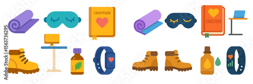 Collection of self-care items including cozy blankets, gratitude journals, wellness gear, and hiking accessories arranged on a surface