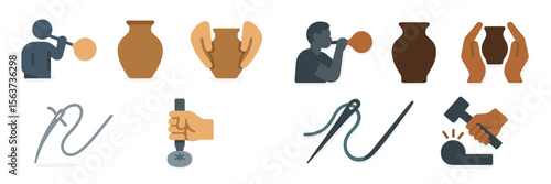 Crafting traditional pottery and sewing techniques illustrated with simple icons depicting artisans at work on clay and fabric