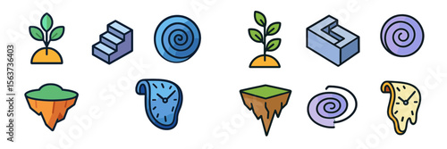 Abstract icons showcasing creative concepts of nature, time, and progression in vibrant colors