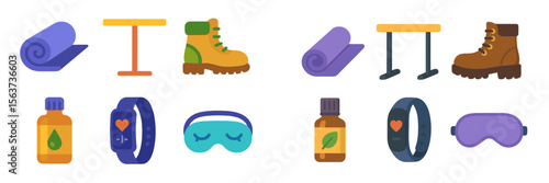 Various fitness and wellness items displayed on a white background for health and relaxation activities
