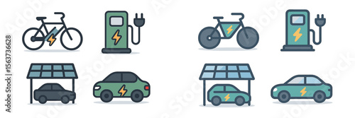 Electric transportation options including bicycles and cars with charging stations under solar panels