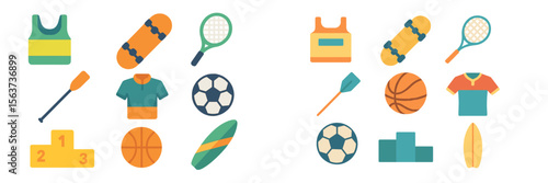 Collection of colorful sports equipment and clothing showcasing various athletic activities and games in a playful design