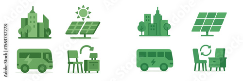 Modern illustrations highlight green tech and urban sustainability with renewable energy solutions and eco-friendly practices