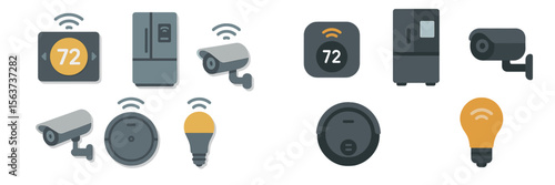 Smart home devices including thermostat, security camera, and smart refrigerator for modern living