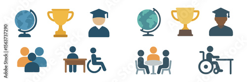 Icons depicting education, achievement, and inclusivity in a diverse learning environment with global representation