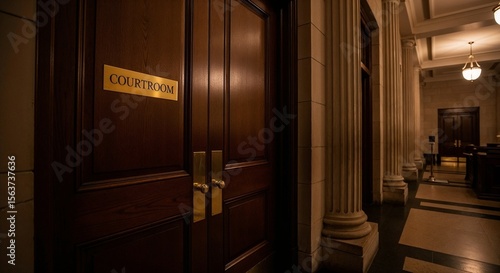 Courthouse entrance with wooden doors and elegant interior lighting  