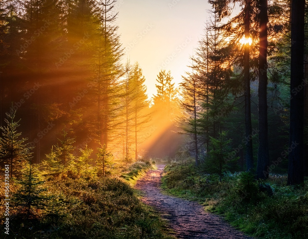 Fototapeta premium vividly colored forest path at sunrise