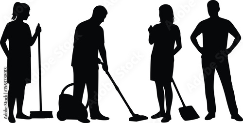 Silhouette of four people performing different cleaning tasks side by side