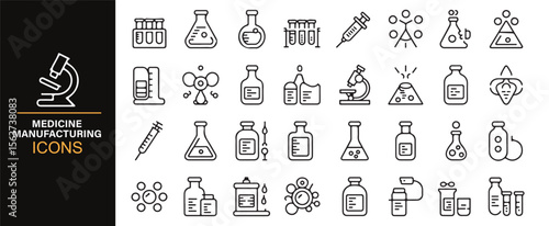 Simple and clean icons representing pharmaceutical and healthcare elements like syringes, test tubes, and medical devices.