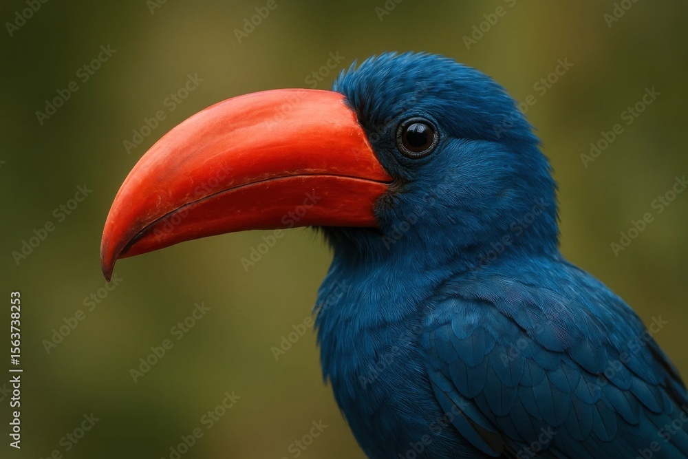 Fototapeta premium A blue bird with a red beak sitting on a branch