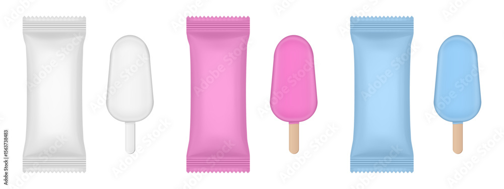 Obraz premium Set of white, pink and blue flow packs. Popsicle ice cream wrapper. Foil bag. Realistic vector mockup