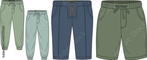 Flat vector illustration of joggers and shorts, modern casual bottom wear, fashion technical sketch, comfortable loungewear for everyday use. flat vector illustration