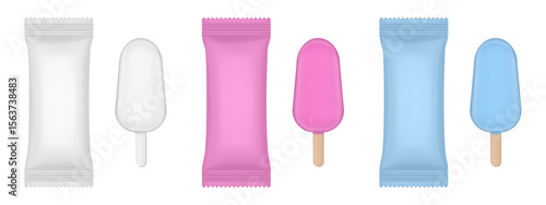 Set of white, pink and blue flow packs. Popsicle ice cream wrapper. Foil bag. Realistic vector mockup
