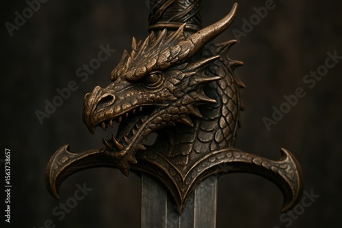 A close up of a sword with a dragon head on it