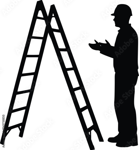 Silhouette of a construction worker wearing a hard hat and holding a clipboard beside an open inspection ladder