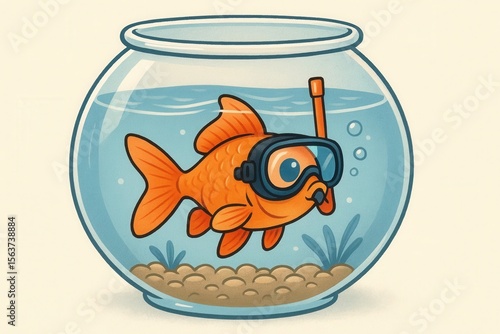 A goldfish wearing a mask and snorkel in a fish bowl