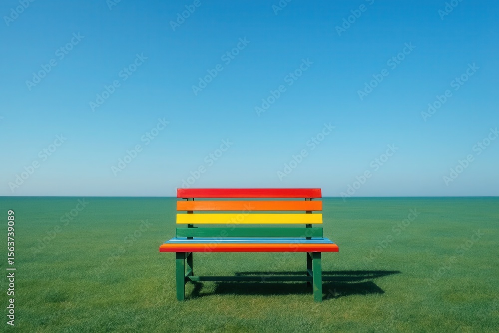 A colorful bench sitting on top of a lush green field A colorful bench sitting on top of a lush green field