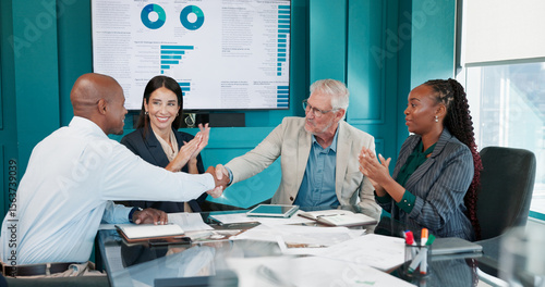 Фототапет Applause, business people and handshake with CEO for investment, deal success and data partnership