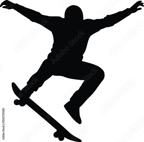Silhouette of a skateboarder mid-air executing a trick with outstretched arms for balance