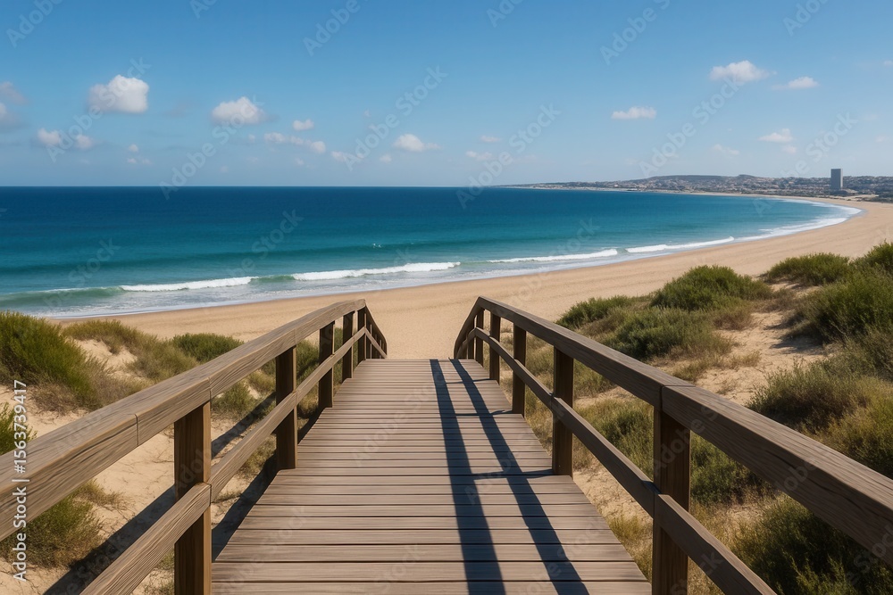 Obraz premium A wooden walkway leading to a sandy beach next to the ocean