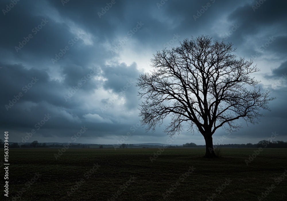 Obraz premium Dramatic landscape photography of bare tree silhouette against a stormy sky at dusk or dawn scene outdoors