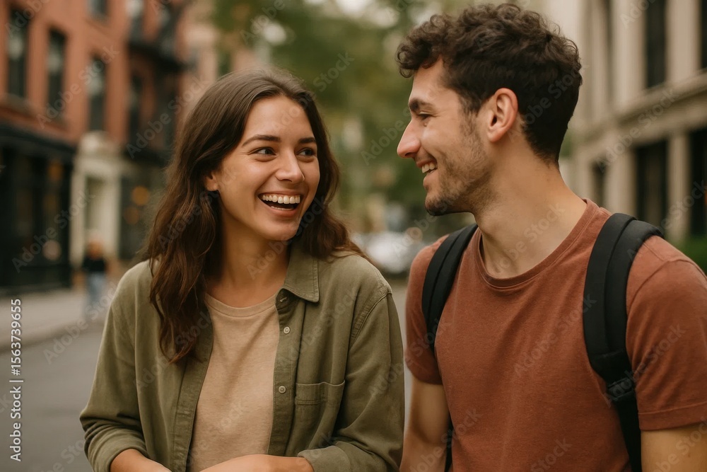 Obraz premium A man and a woman laughing together on a city street