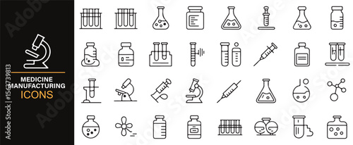 A variety of healthcare-related icons for use in medical and pharmaceutical branding, including syringes and laboratory equipment.