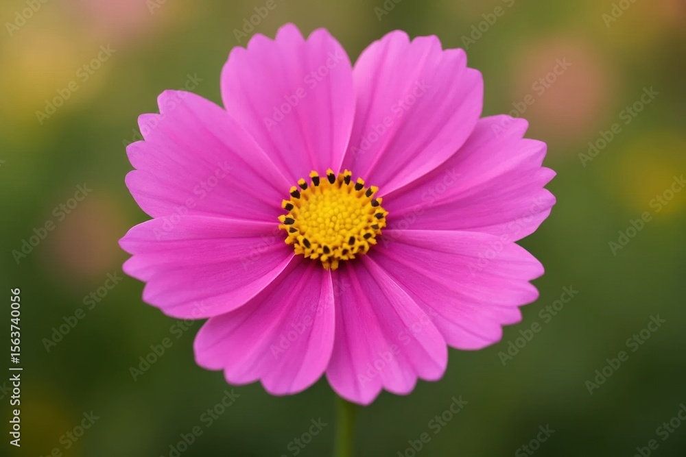 A pink flower with a yellow center on a green background A pink flower with a yellow center on a green background