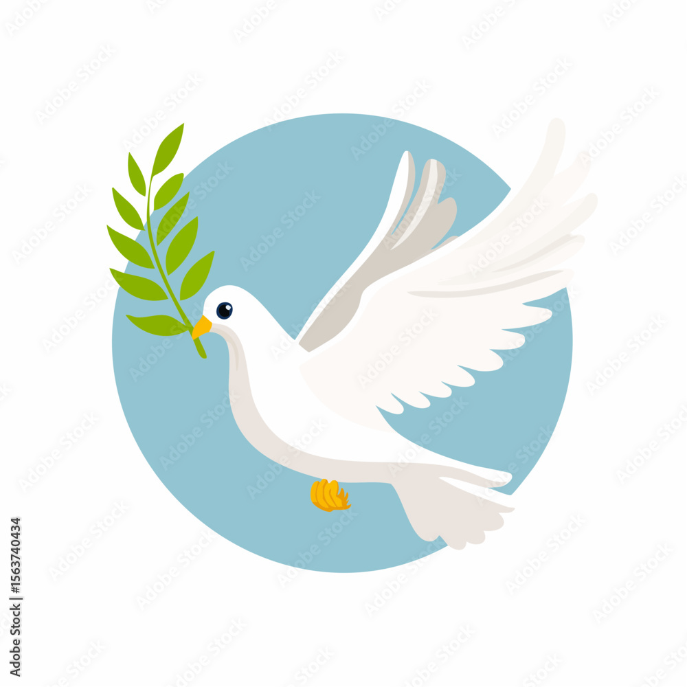 Obraz premium A charming illustration of a white dove carrying an olive branch in flight
