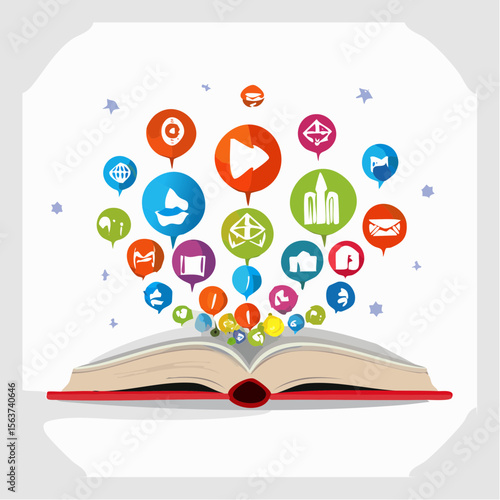 Colorful illustration of an open book with speech bubbles and various icons rising upwards