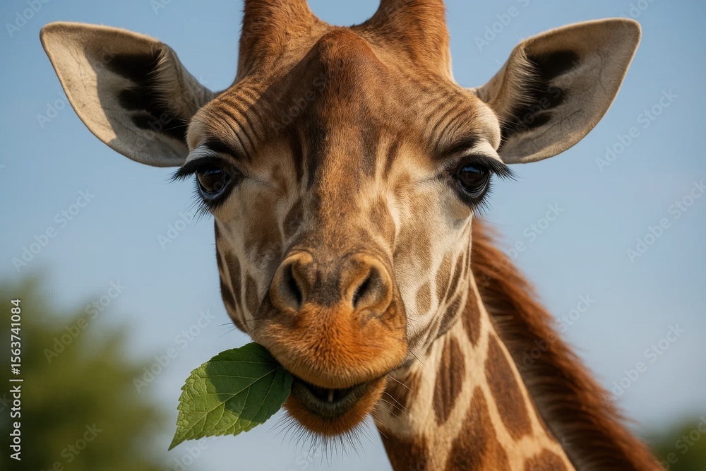 Naklejka premium A close up of a giraffe eating a leaf