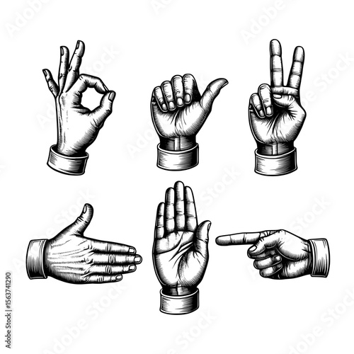 hand gestures vector icon set , various hand gestures in black and white line drawing on transparent background , no background