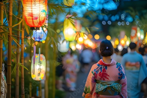 Hyper realistic photo of a Tanabata Festival celebration at night in Japan, with colorful paper wishes (tanzaku) hanging on bamboo branches, glowing lanterns, and people in yukata seen from behind und