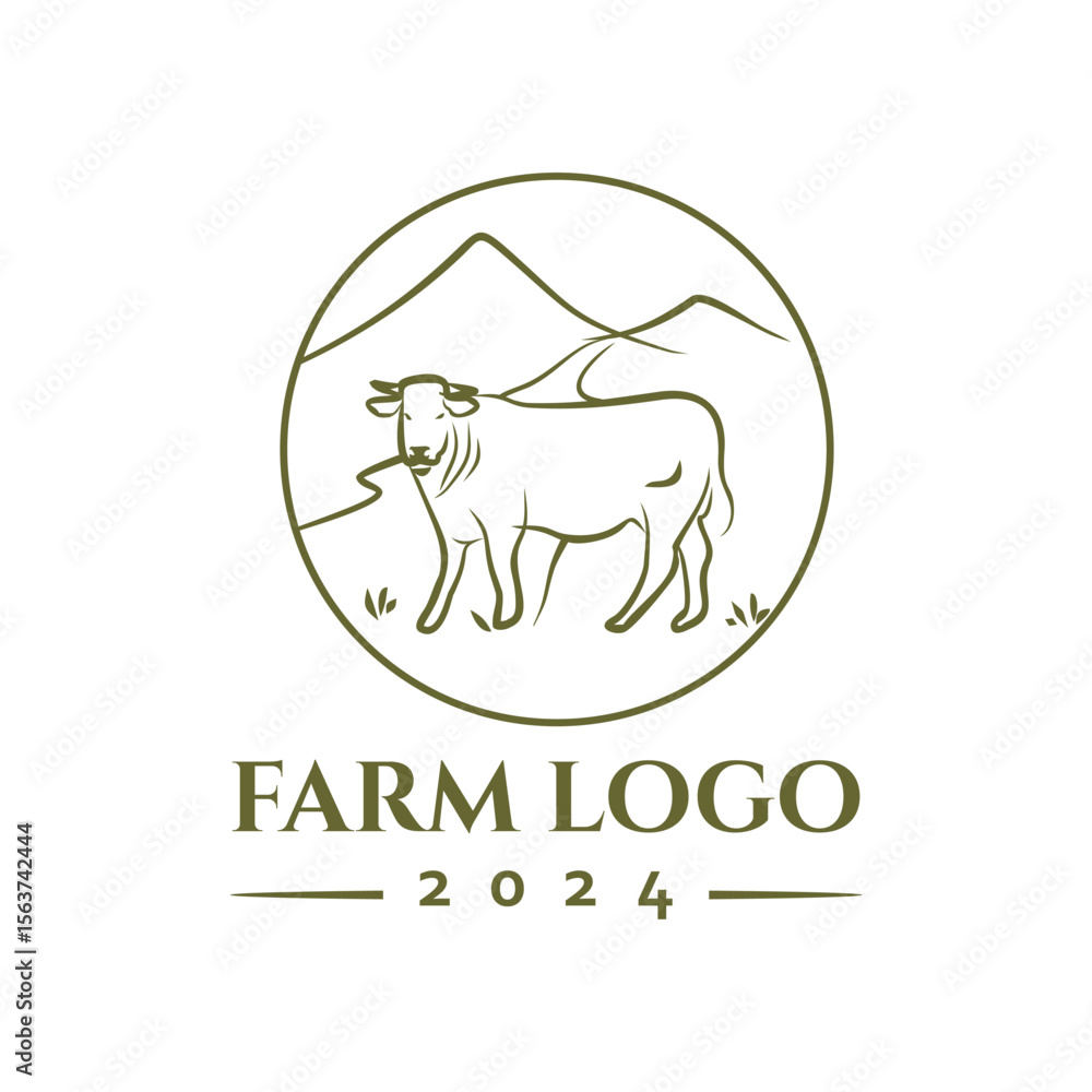 Obraz premium Farm Animal Logo Design Rustic Cow in Mountain Landscape Illustration