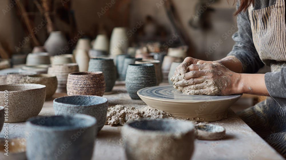 Fototapeta premium Female artisan crafting pottery by molding wet clay on a table in a ceramics studio; hands-on creation of vases or bowls shown in a cropped shot