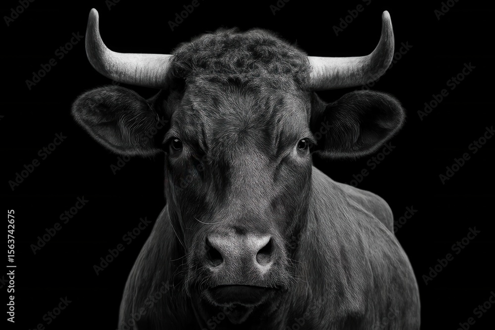 Naklejka premium A black and white photo of a bull with horns