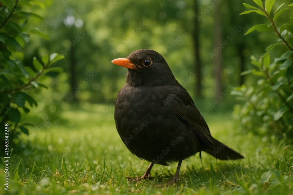 A black bird standing on top of a lush green field A black bird standing on top of a lush green field